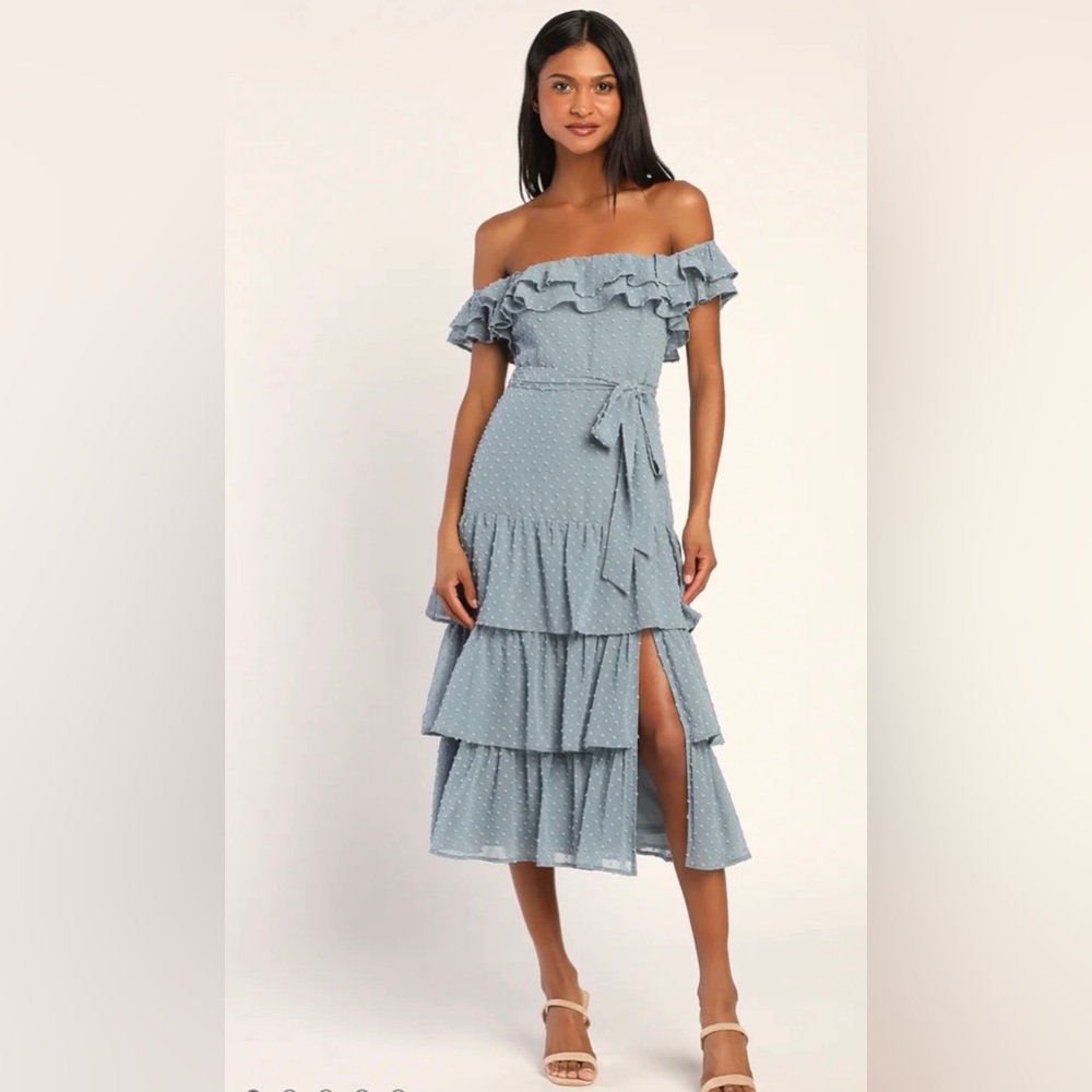 Lulu’s dear to my heart slate blue swiss dot tiered ruffle midi dress